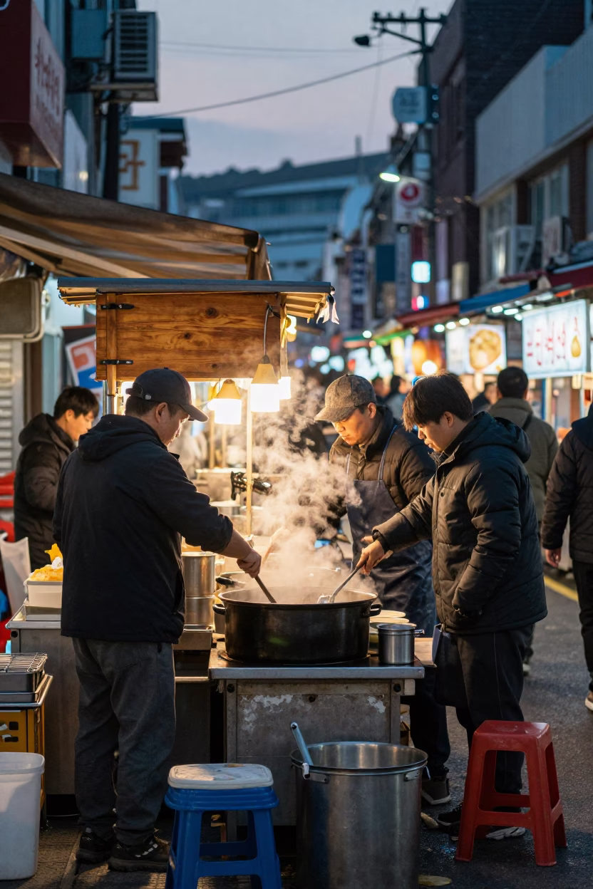 Busy Seoul Street Food Stall Before Dawn with Wooden Stool and Wash Basin in in Seoul, South Korea