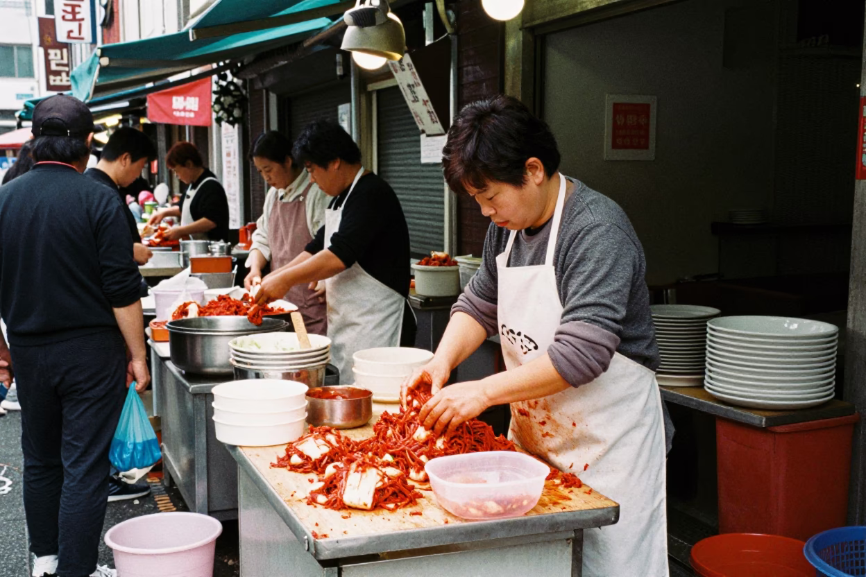 Busy Seoul Street Food Stall Vendor Preparing Kimchi at Noon in in Seoul, South Korea
