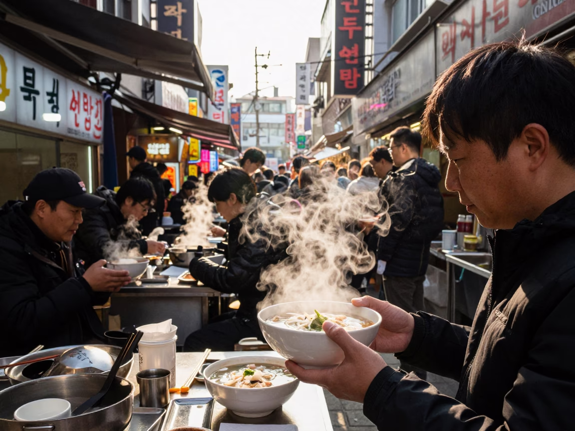 Busy Seoul Street Food Stall with Steaming Pho in Late Afternoon Light in in Seoul, South Korea