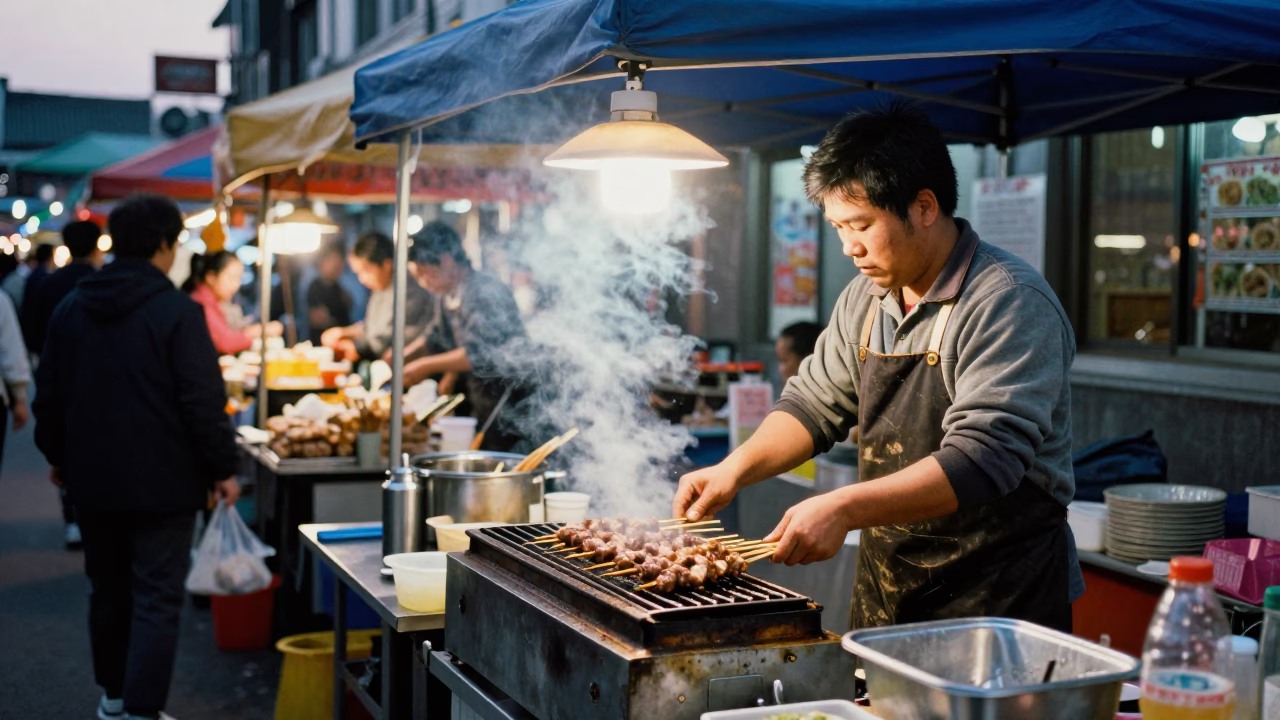 Busy Seoul Street Market Early Evening with Vendor Cooking and Neon Signs in in Seoul, South Korea