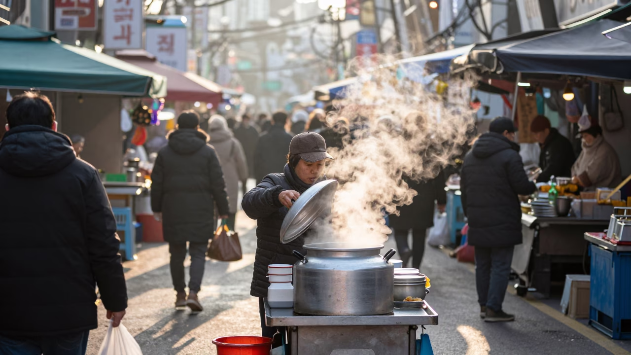 Busy Seoul Street Market Morning with Vendor and Condensation on Handle in in Seoul, South Korea