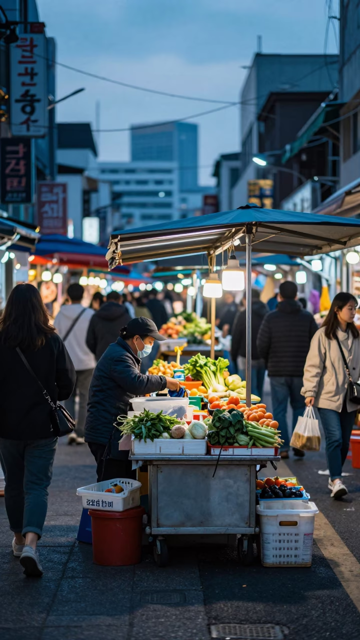 Busy Seoul Street Market Stall at Nautical Dawn with Dragon Fruit and Nail Brush in in Seoul, South Korea