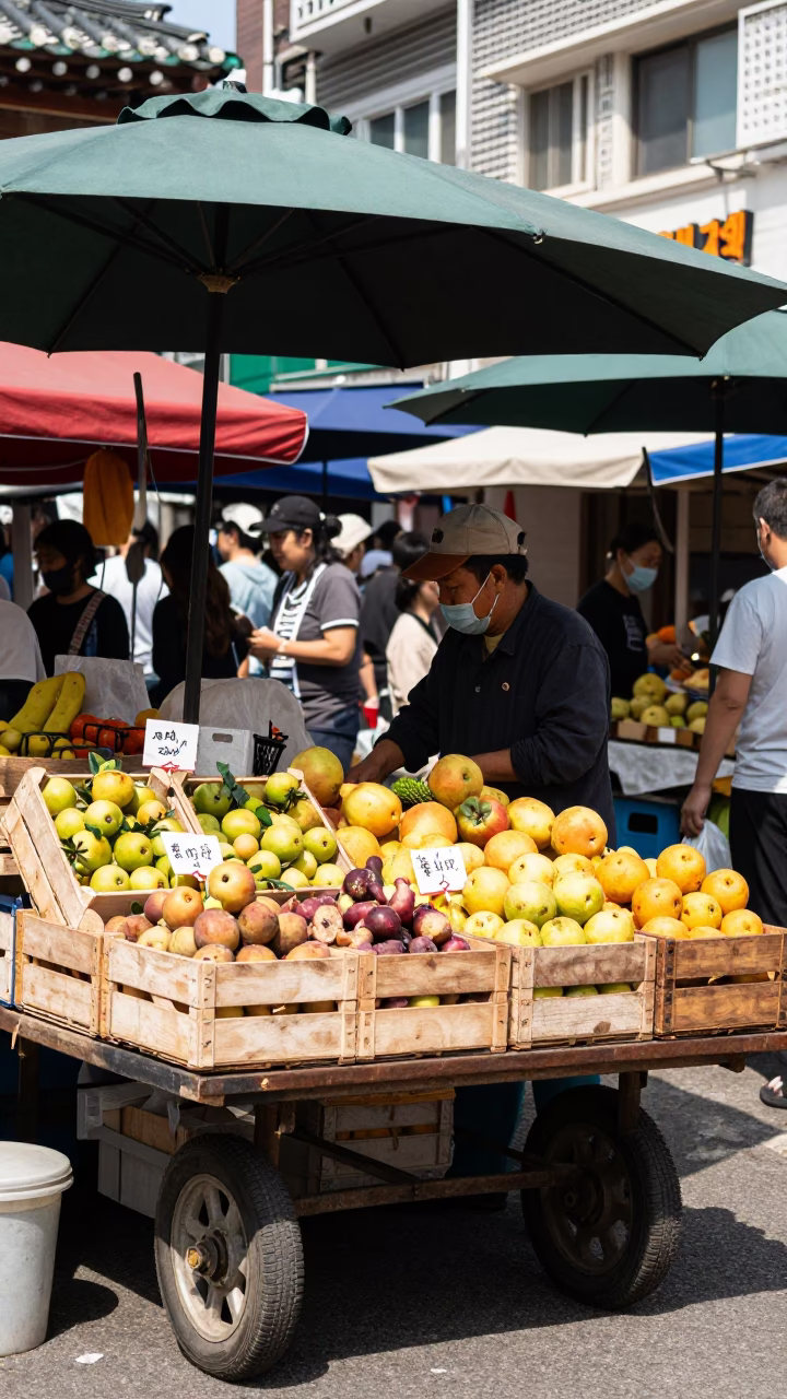 Busy Seoul Street Market Stall with Fruit Crates Under Noon Sun in in Seoul, South Korea