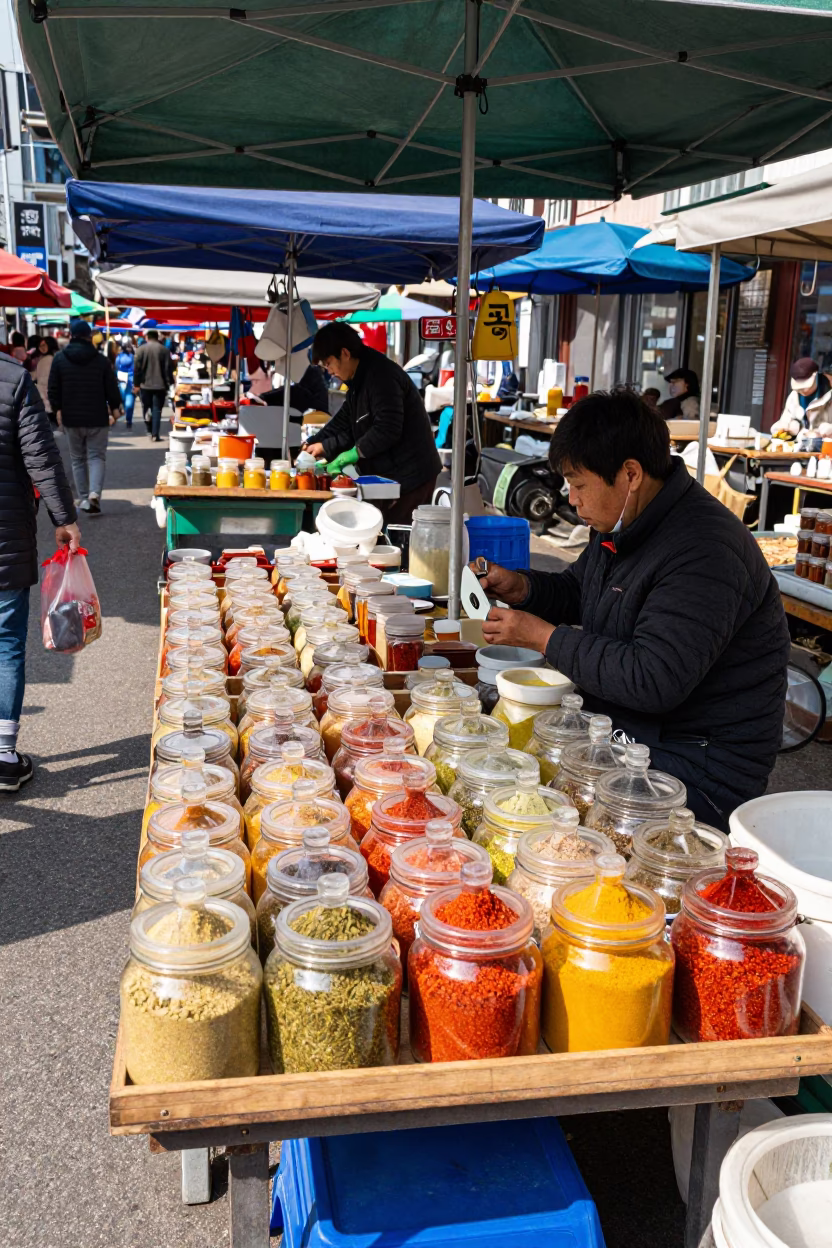 Busy Seoul Street Market Stall with Spice Jars and Clear Glass Cup at Midday in in Seoul, South Korea