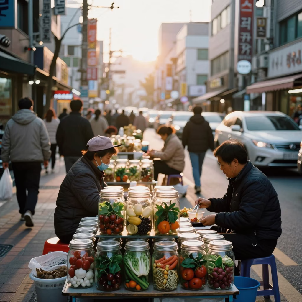 Busy Seoul Street Morning with Glass Jars and Urban Life After Sunrise in in Seoul, South Korea