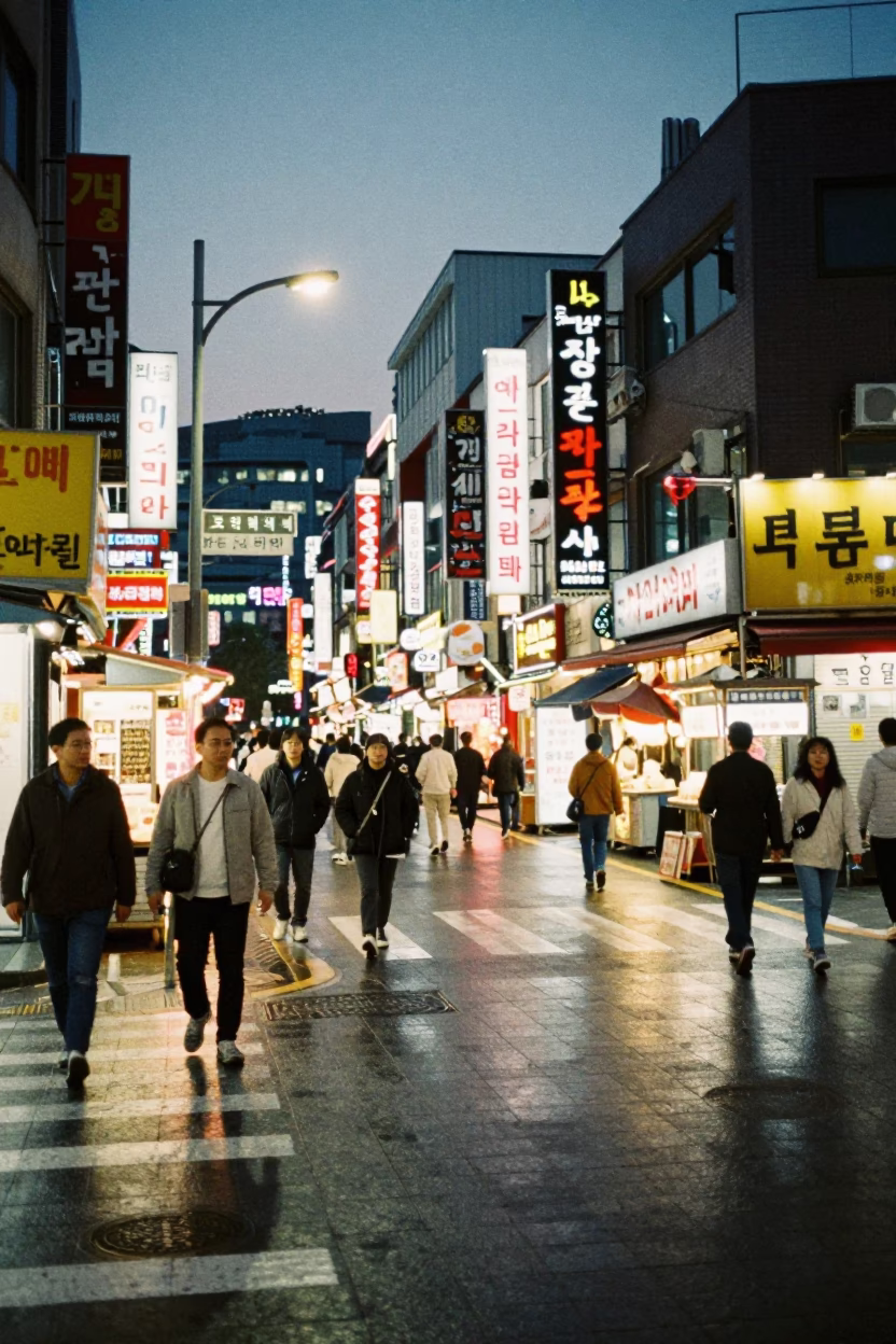 Busy Seoul Street Night Scene with Neon Signs and Pedestrians in South Korea in in Seoul, South Korea
