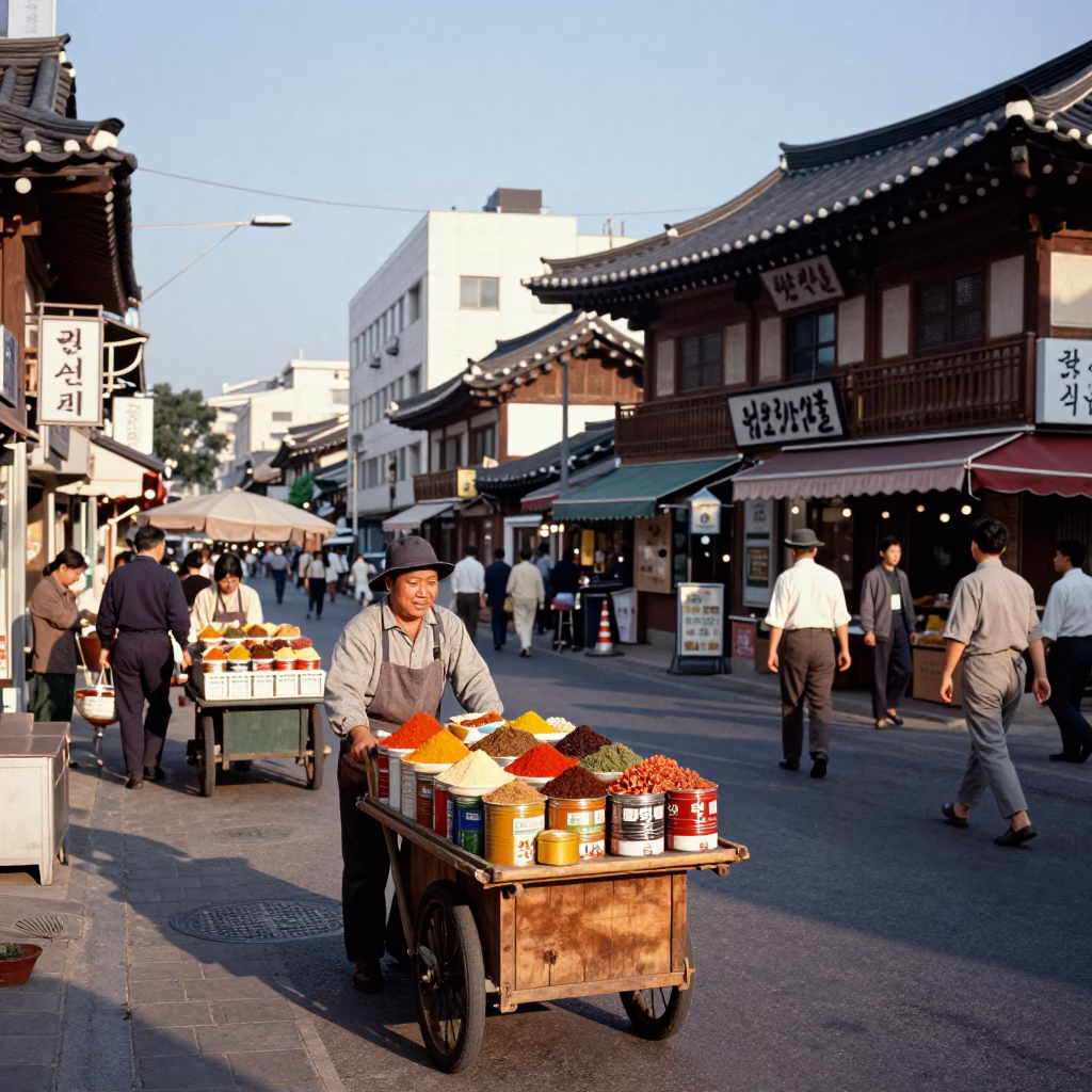 Busy Seoul Street Scene 1950s Late Afternoon Light with Vendors and Traffic in in Seoul, South Korea