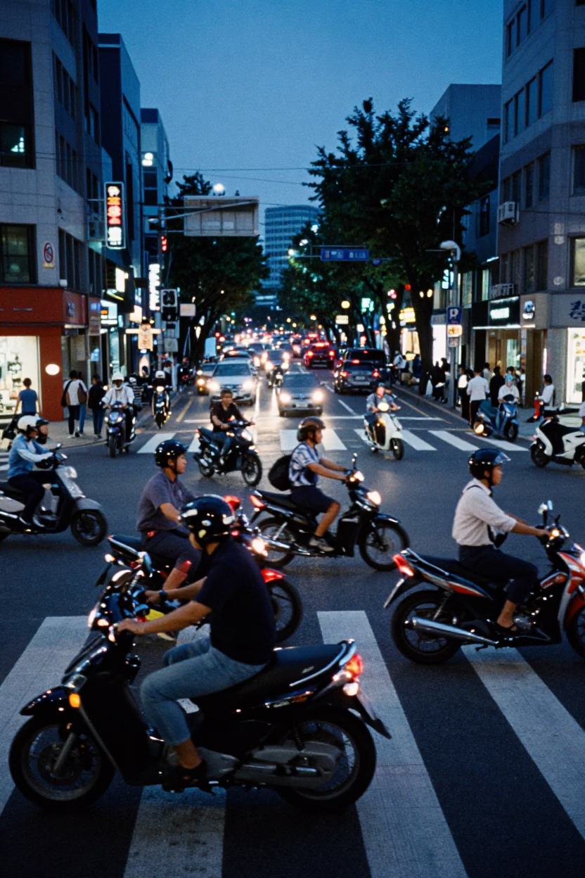 Busy Seoul Street Scene at Blue Hour with Motorcycles and Padlocks in in Seoul, South Korea
