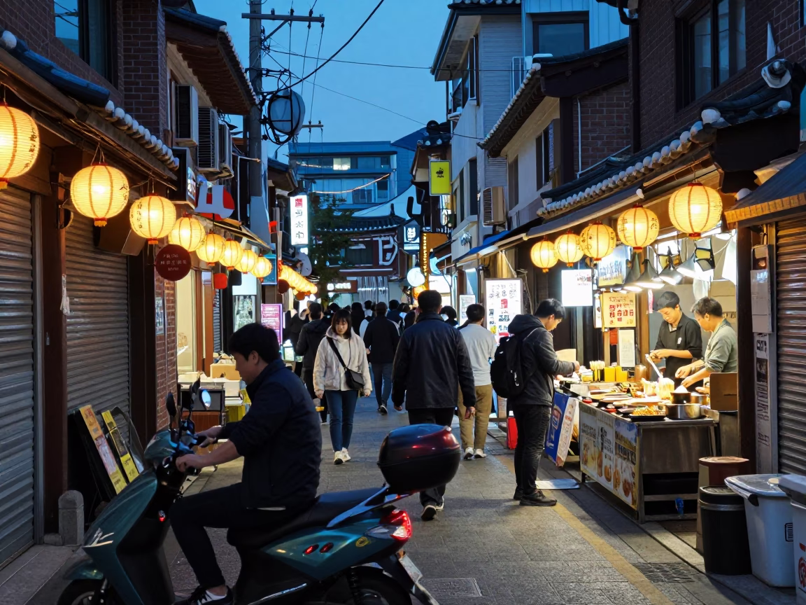 Busy Seoul Street Scene at Blue Hour with Scooter and Traditional Food Vendor in in Seoul, South Korea