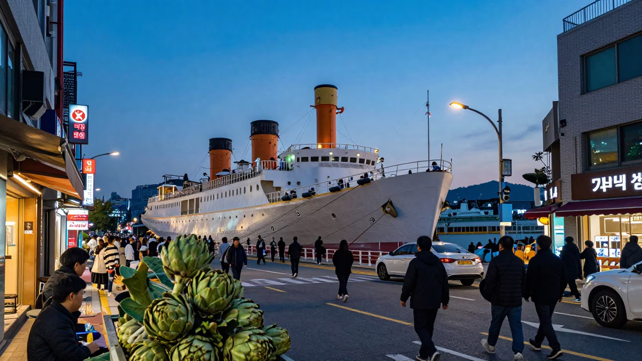 Busy Seoul Street Scene at Blue Hour with Steamship and Artichokes in in Seoul, South Korea