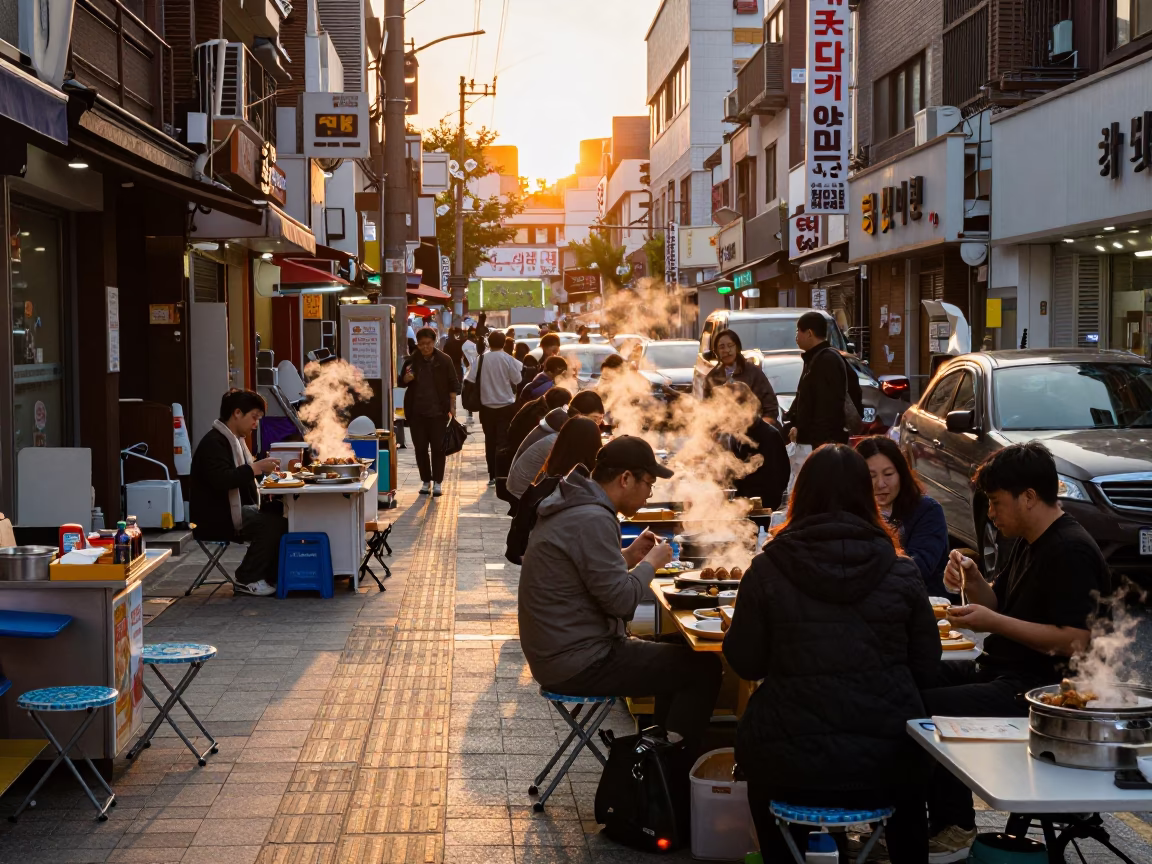 Busy Seoul Street Scene at Sunset with Folding Stools and Traditional Market Life in in Seoul, South Korea