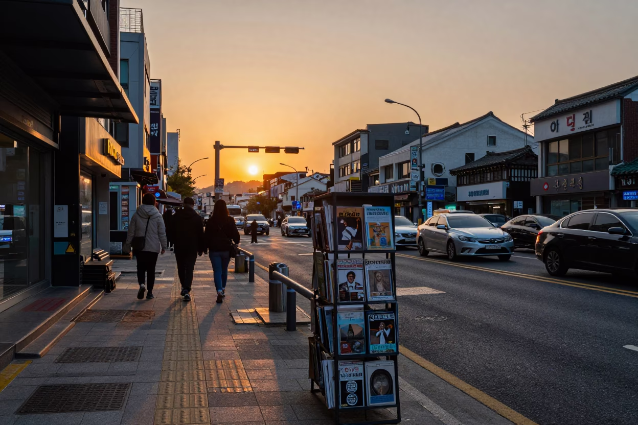 Busy Seoul Street Scene at Sunset with Magazine Rack and Urban Activity in in Seoul, South Korea