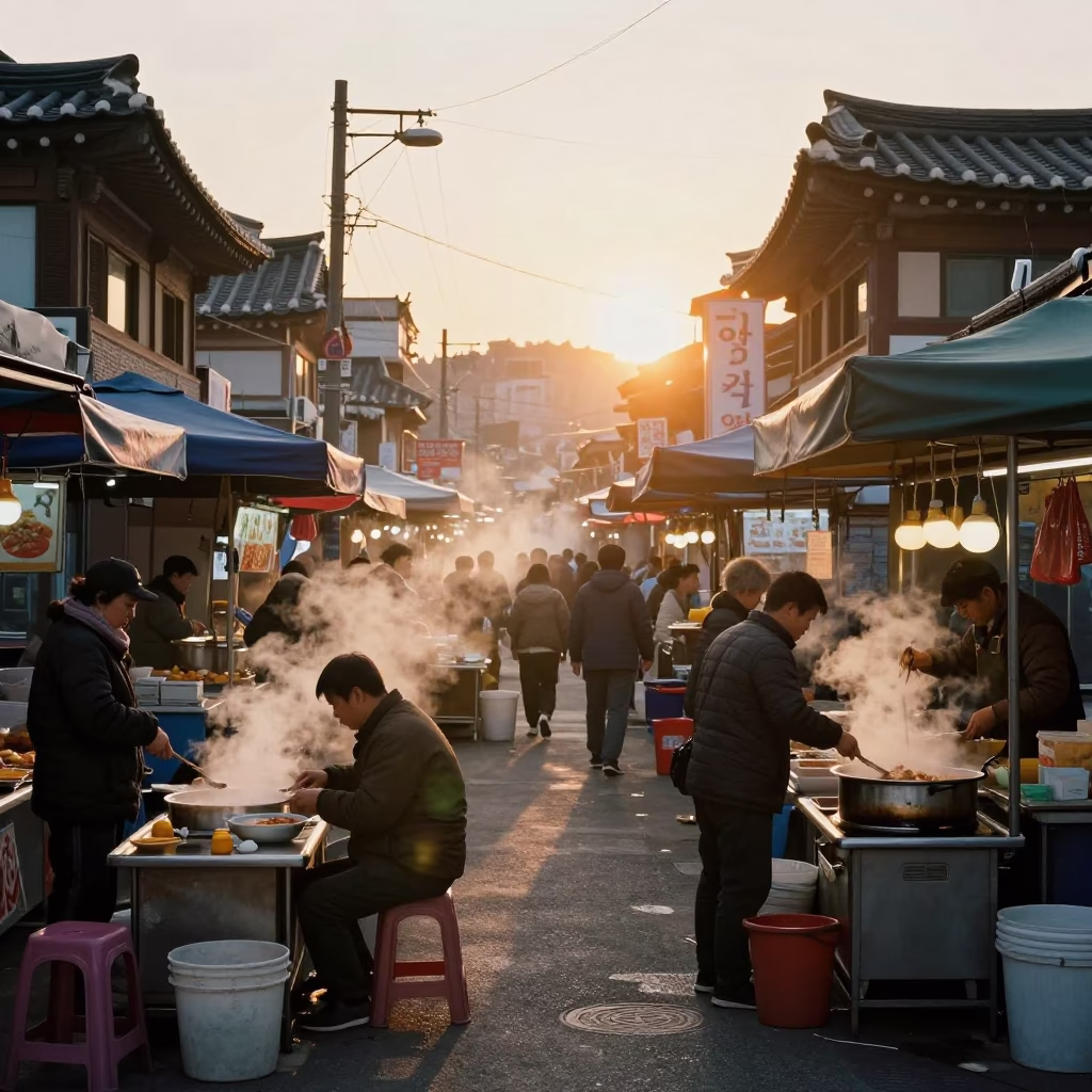 Busy Seoul Street Scene at Sunset with Traditional Market Vendors and Modern Cityscape in in Seoul, South Korea