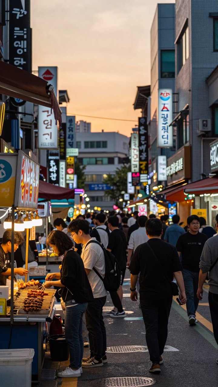 Busy Seoul Street Scene at Sunset with Vendors and Pedestrians in in Seoul, South Korea