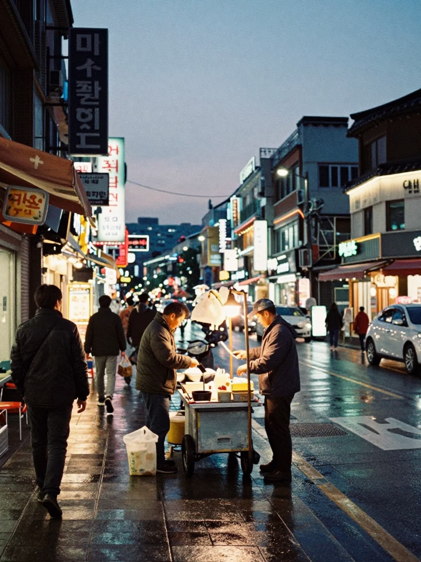 Busy Seoul Street Scene at Twilight with Vendor and Urban Life in in Seoul, South Korea