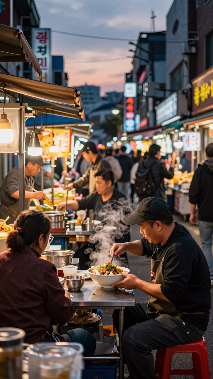 Busy Seoul Street Scene Before Dusk with Food Stalls and Traffic in in Seoul, South Korea
