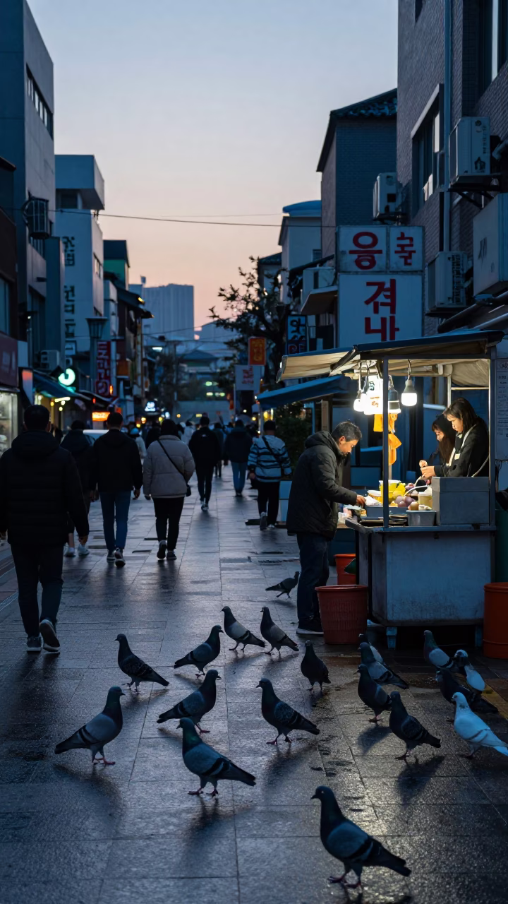 Busy Seoul Street Scene Before Sunrise with Pigeons and Vintage Atmosphere in in Seoul, South Korea
