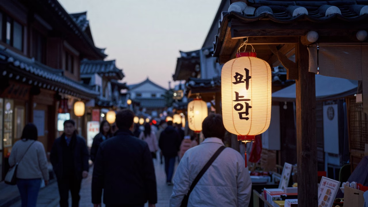 Busy Seoul Street Scene Before Sunrise with Traditional Lanterns and Urban Life in in Seoul, South Korea