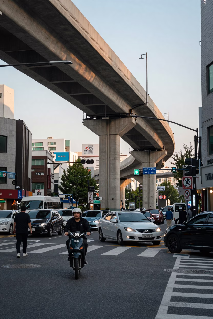 Busy Seoul Street Scene Early Afternoon with Concrete Viaduct and Local Vendors in in Seoul, South Korea