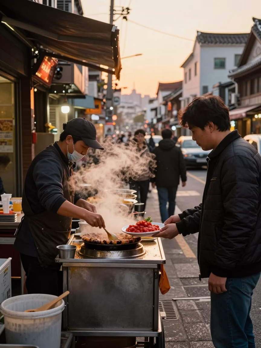 Busy Seoul Street Scene Honeyed Evening Light with Wash Basin and Food Vendor in in Seoul, South Korea