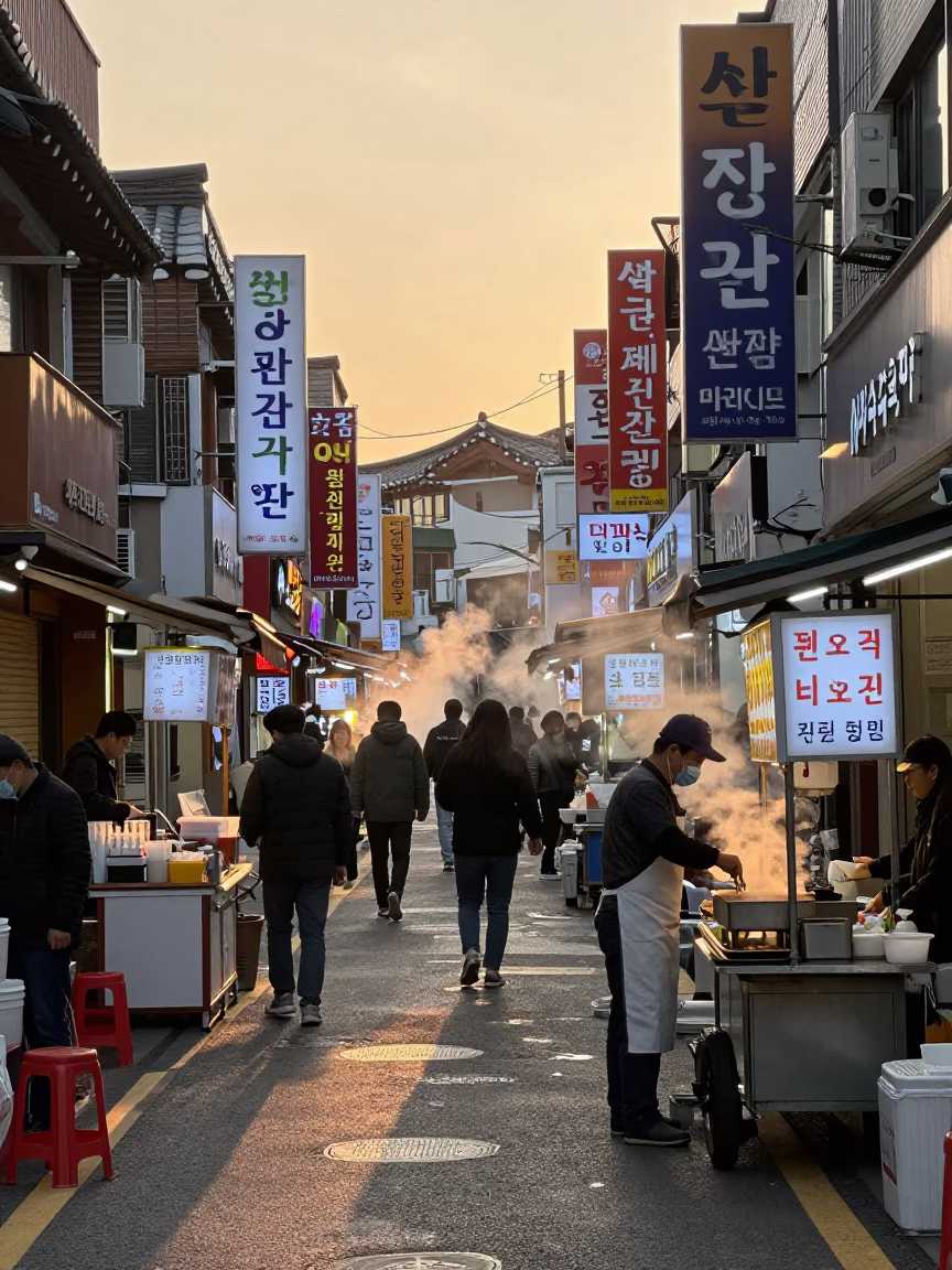 Busy Seoul Street Scene in Honeyed Evening Light with Traditional Korean Market Details in in Seoul, South Korea