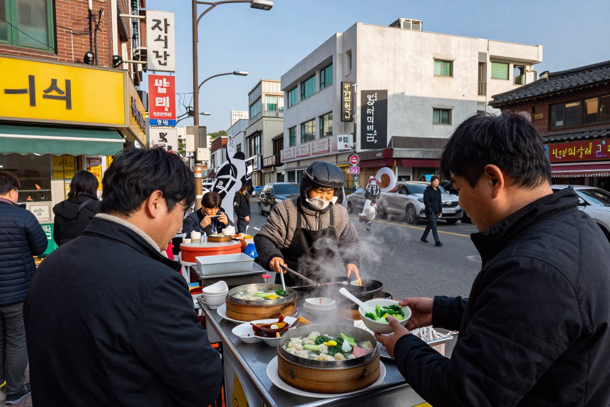 Busy Seoul Street Scene Late Afternoon Light with Food and Daily Life in in Seoul, South Korea
