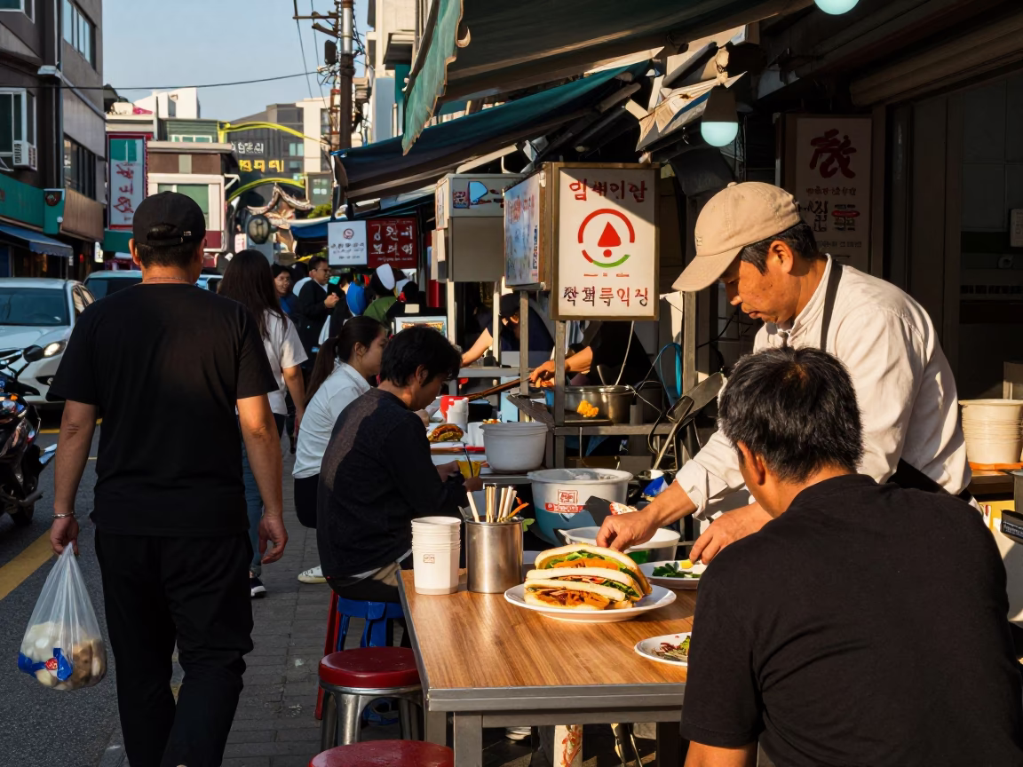 Busy Seoul Street Scene Late Afternoon Light with Vietnamese Banh Mi Plate in in Seoul, South Korea