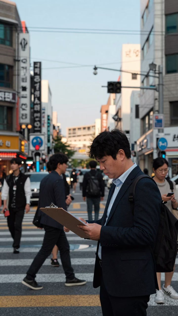 Busy Seoul Street Scene Late Afternoon with Clipboard and Raincoats in in Seoul, South Korea