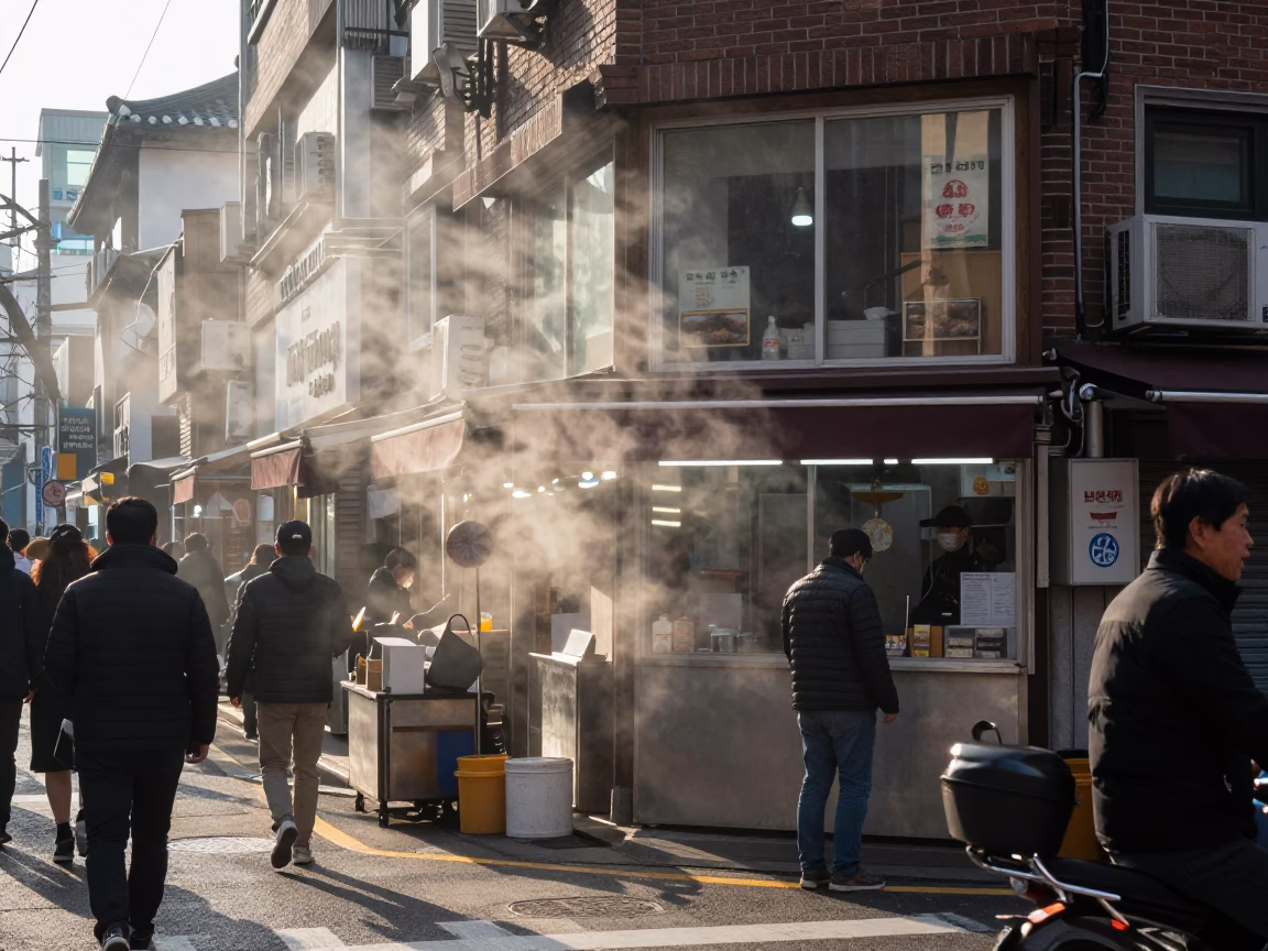 Busy Seoul Street Scene Late Afternoon with Steam Haze and Traditional Market Activity in in Seoul, South Korea