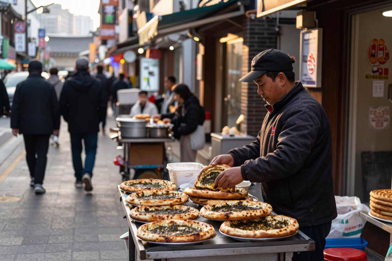 Busy Seoul Street Scene Late Afternoon with Traditional Manakeesh Bread and Zaatar in in Seoul, South Korea