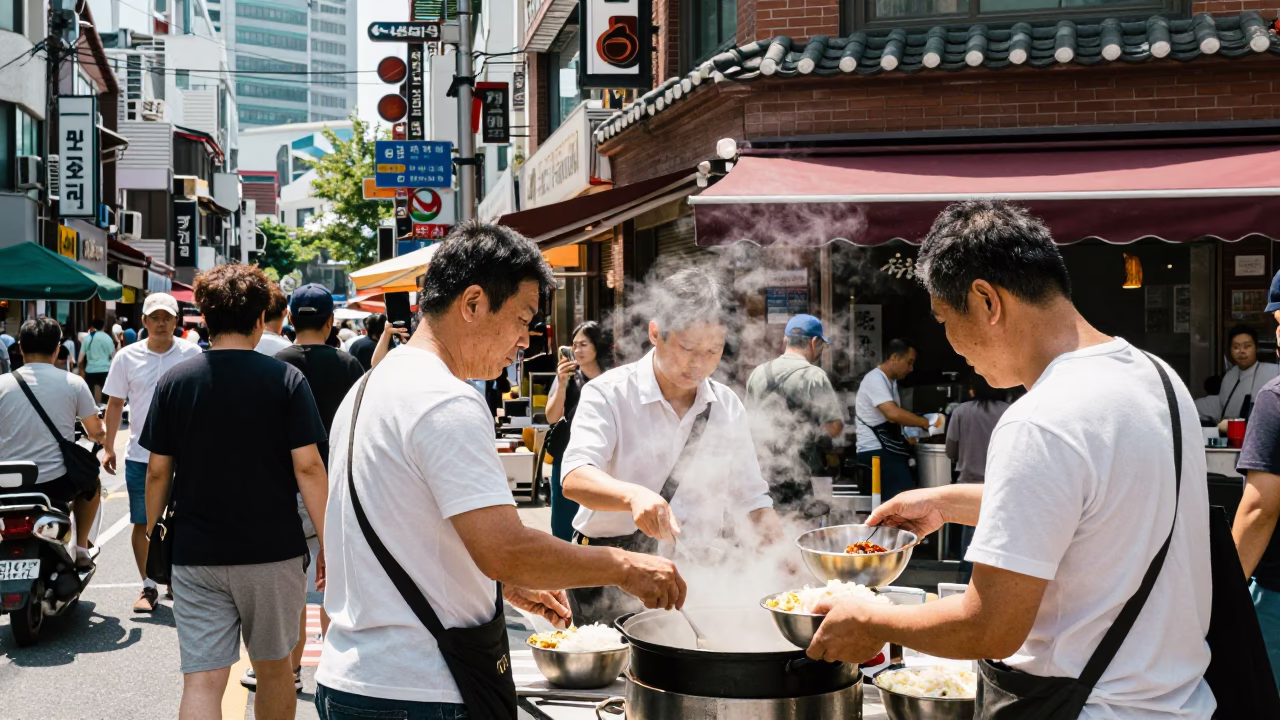 Busy Seoul Street Scene Under Flat Noon Light with Pedestrians and Vintage Shopfronts in in Seoul, South Korea