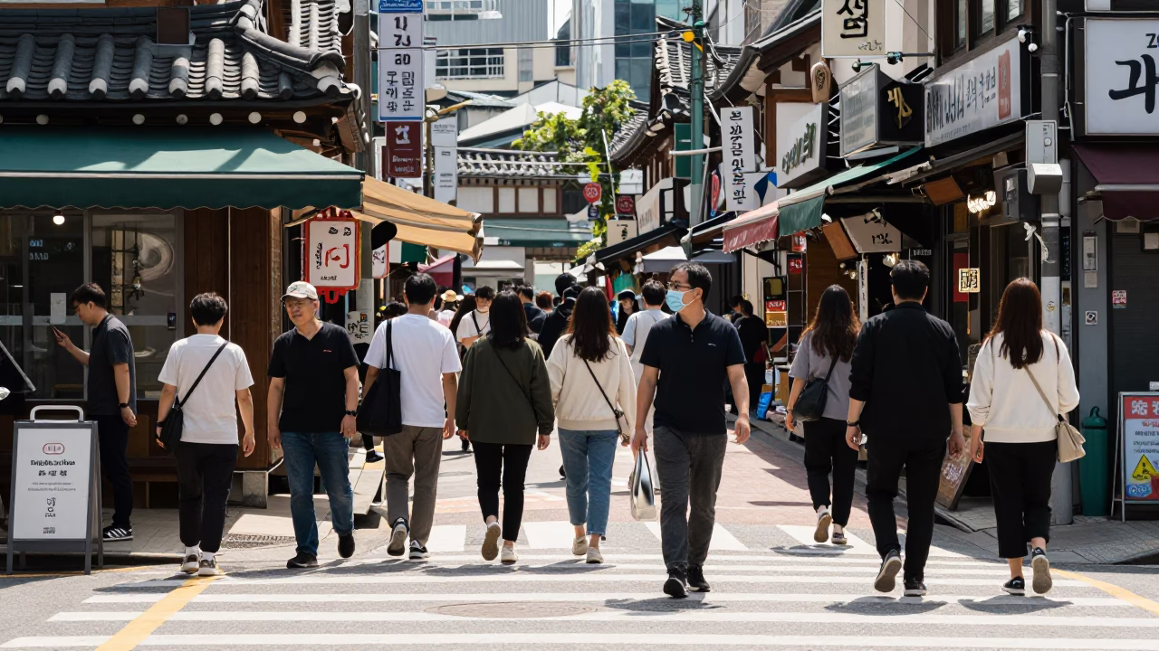 Busy Seoul Street Scene Under Noon Sun with Local Street Food and Daily Life in in Seoul, South Korea