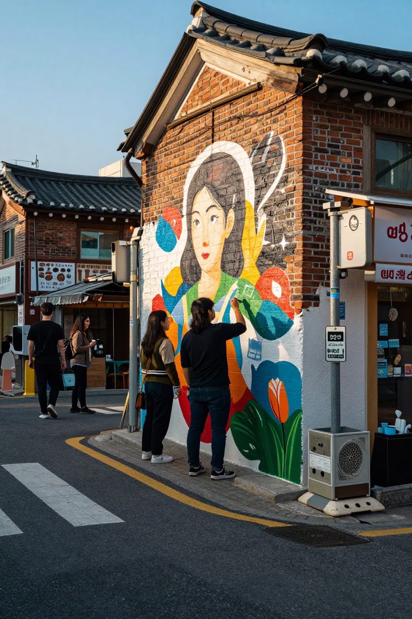 Busy Seoul Street Scene with Artist Painting Mural in Late Afternoon Light in in Seoul, South Korea