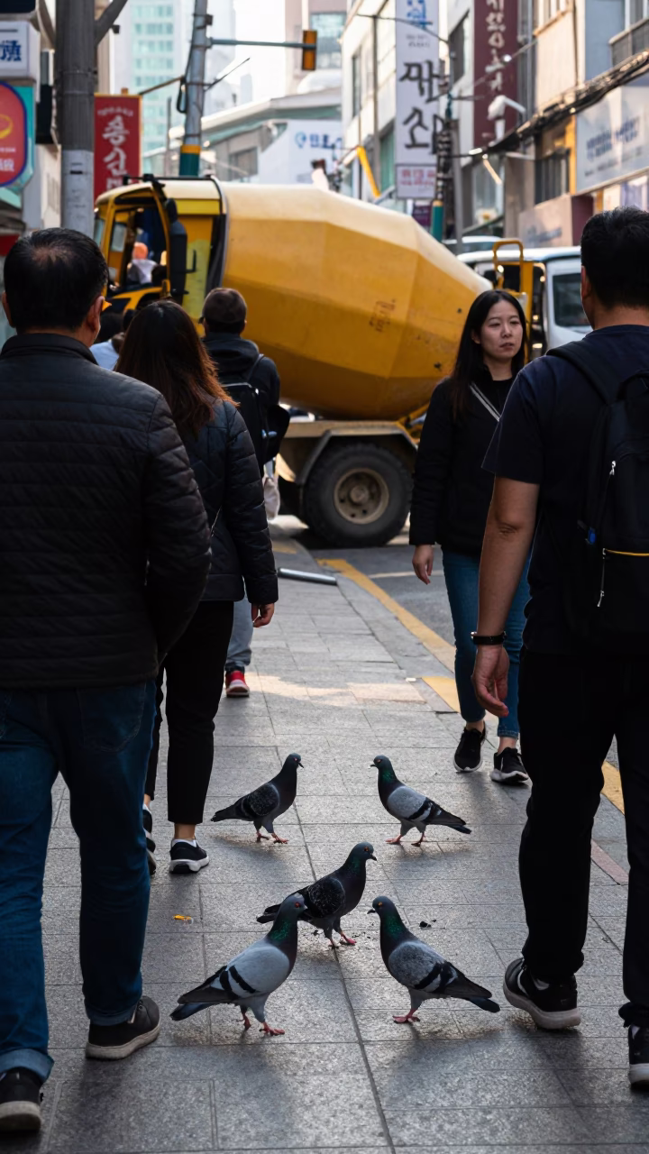 Busy Seoul Street Scene with Pigeons and Construction in Early Afternoon in in Seoul, South Korea