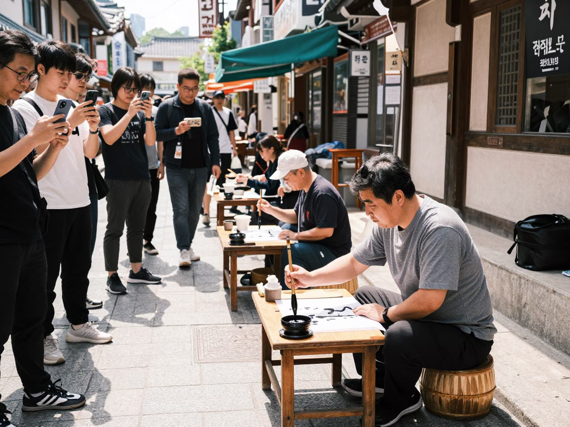 Busy Seoul Street Scene with Traditional Calligraphy Demonstration in Bright Midmorning Light in in Seoul, South Korea