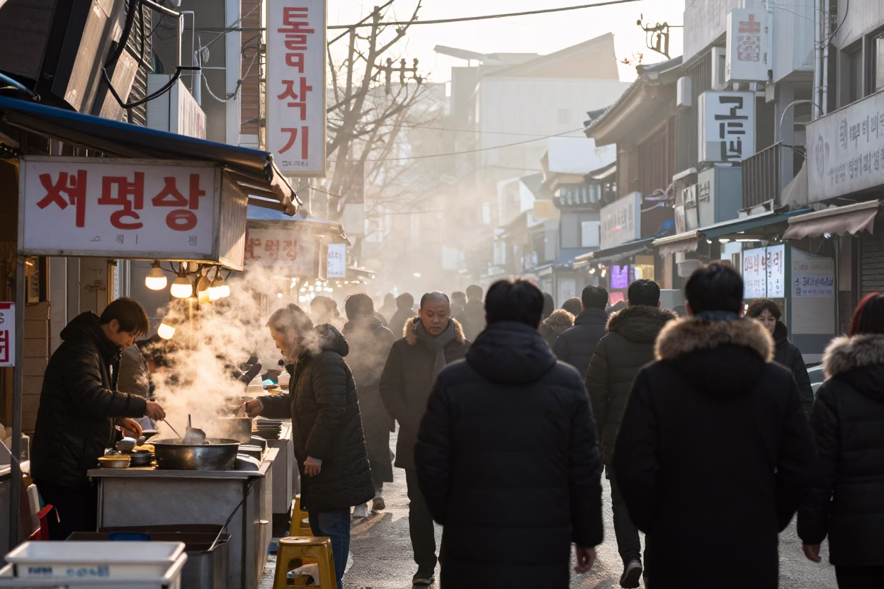 Busy Seoul Street Stall at Dawn with Steaming Food and Morning Commuters in in Seoul, South Korea