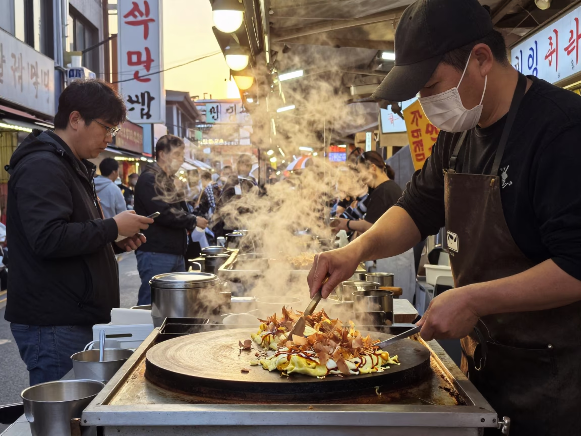 Busy Seoul Street Stall at Golden Hour with Okonomiyaki and Local Diners in in Seoul, South Korea