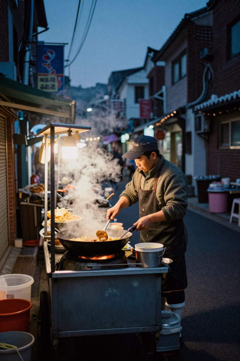 Busy Seoul Street Stall Vendor Cooking at Night with Neon Lights in in Seoul, South Korea