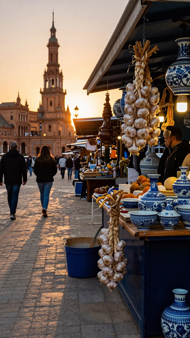 Busy Seville Market Stall at Sunset with Blue Porcelain and Garlic in in Seville, Spain