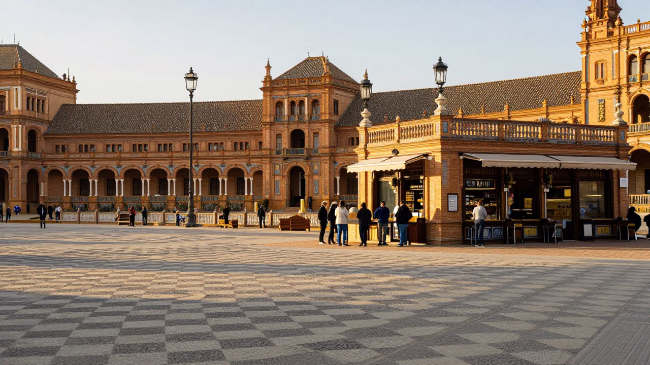 Busy Seville Plaza Late Morning Scene with Local Life and Architecture in in Seville, Spain