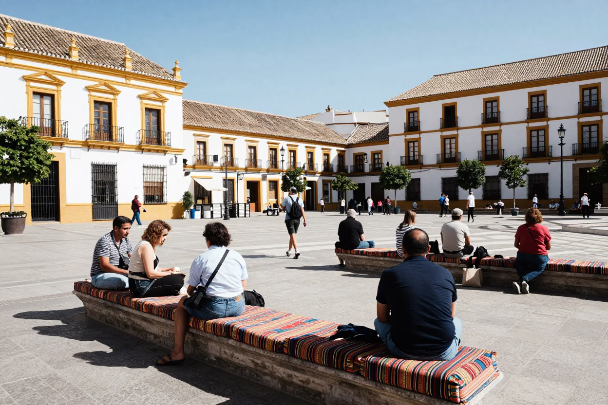 Busy Seville Plaza Midday Scene with Traditional Cushions and Local Life in in Seville, Spain
