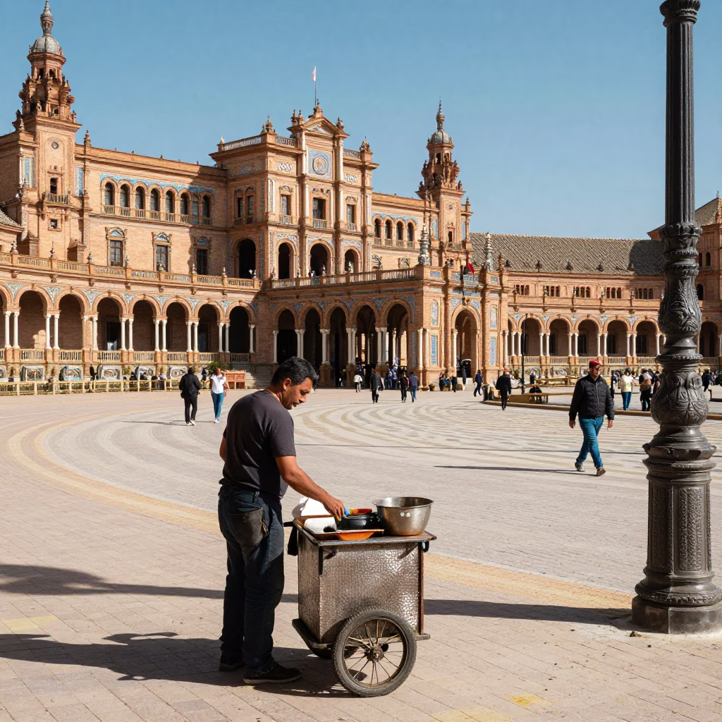 Busy Seville Plaza Midmorning Scene with Hammered Metal and Woven Basket Tray in in Seville, Spain