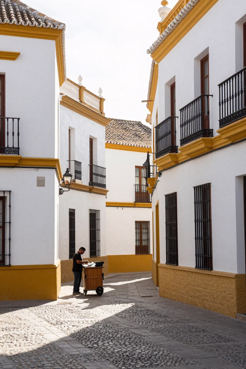 Busy Seville Plaza Morning with White Stucco Walls and Traditional Spanish Architecture in in Seville, Spain
