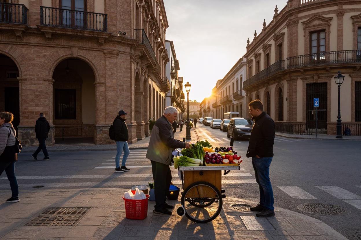 Busy Seville Street Corner After Sunrise with Local Vendor and Vintage 1970s Details in in Seville, Spain