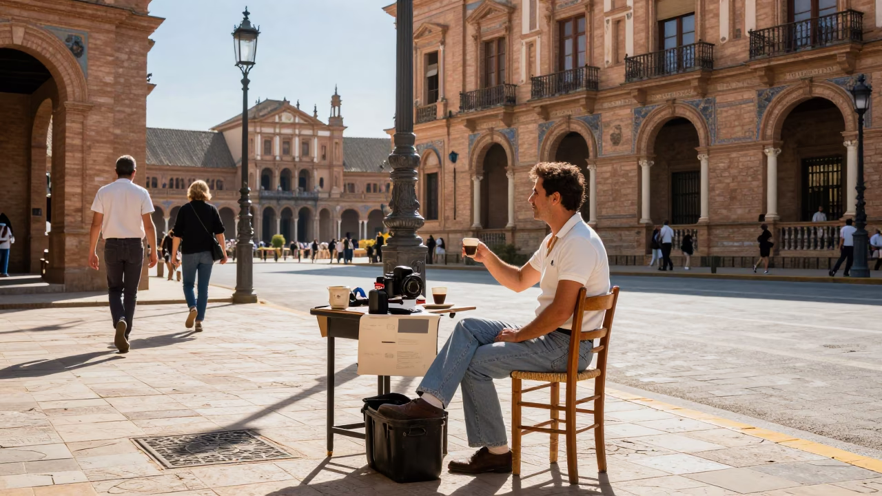 Busy Seville Street Corner Morning with Espresso and Blue Porcelain in in Seville, Spain