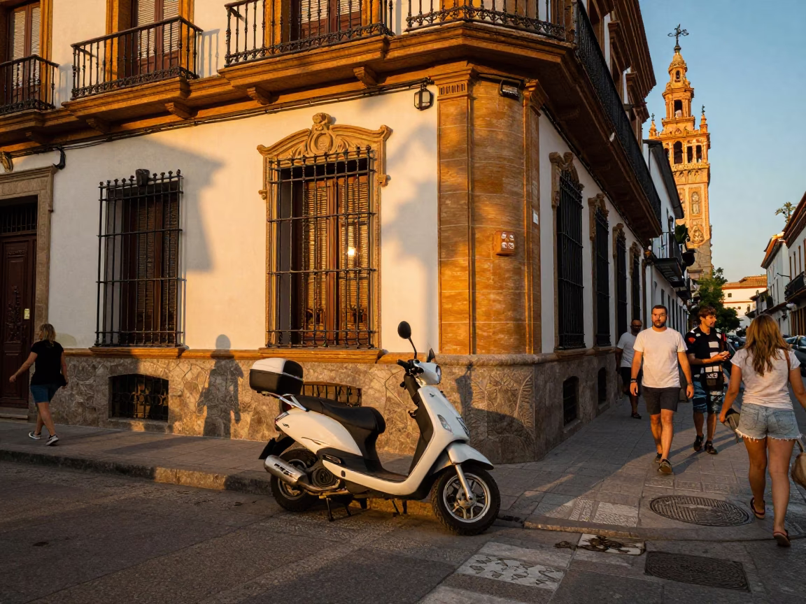 Busy Seville Street Corner with Scooter and Ironwork at Early Evening in in Seville, Spain