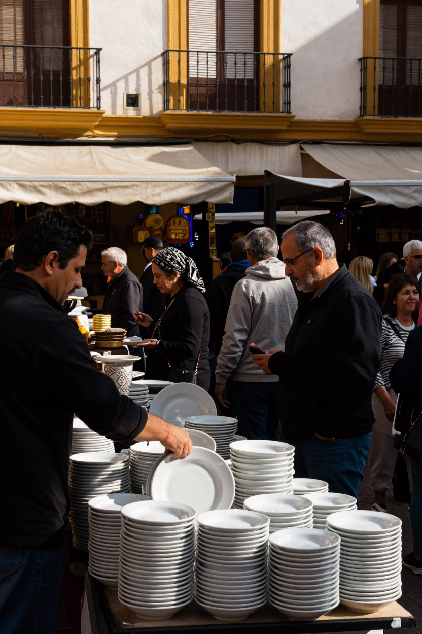 Busy Seville Street Market Late Morning with Ceramic Plates and Avocados in in Seville, Spain