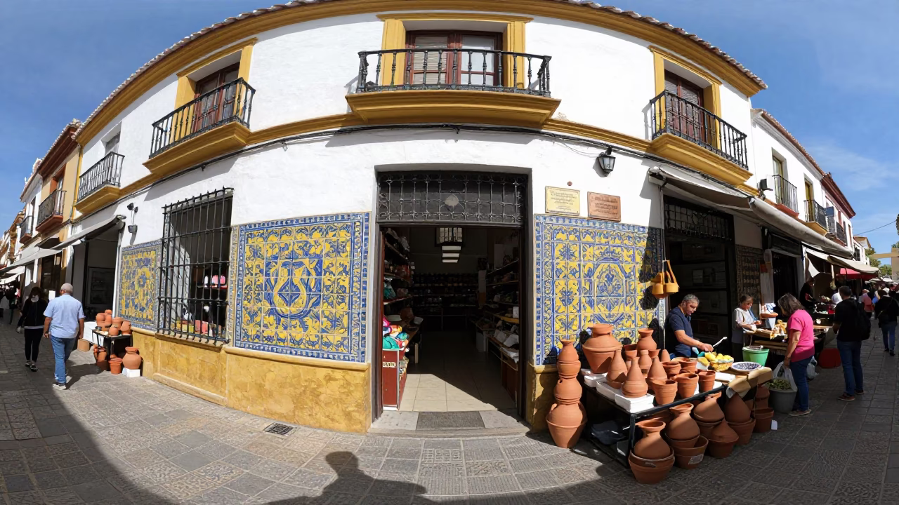 Busy Seville Street Market Midday Scene with Ceramic Tiles and Local Commerce in in Seville, Spain