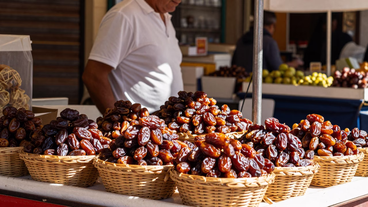 Busy Seville Street Market Stall Selling Fresh Dates Under Harsh Midday Sun in in Seville, Spain