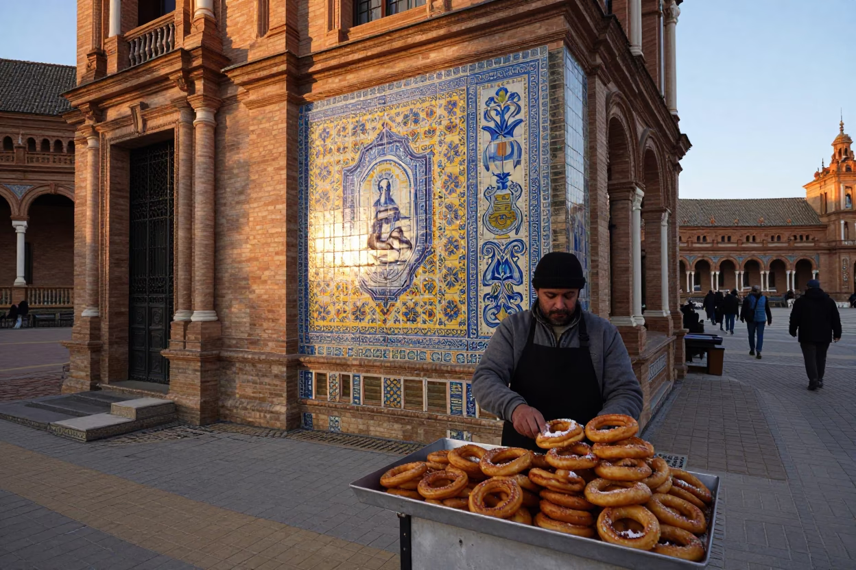 Busy Seville Street Scene at Dawn with Colorful Tiles and Local Commerce in in Seville, Spain